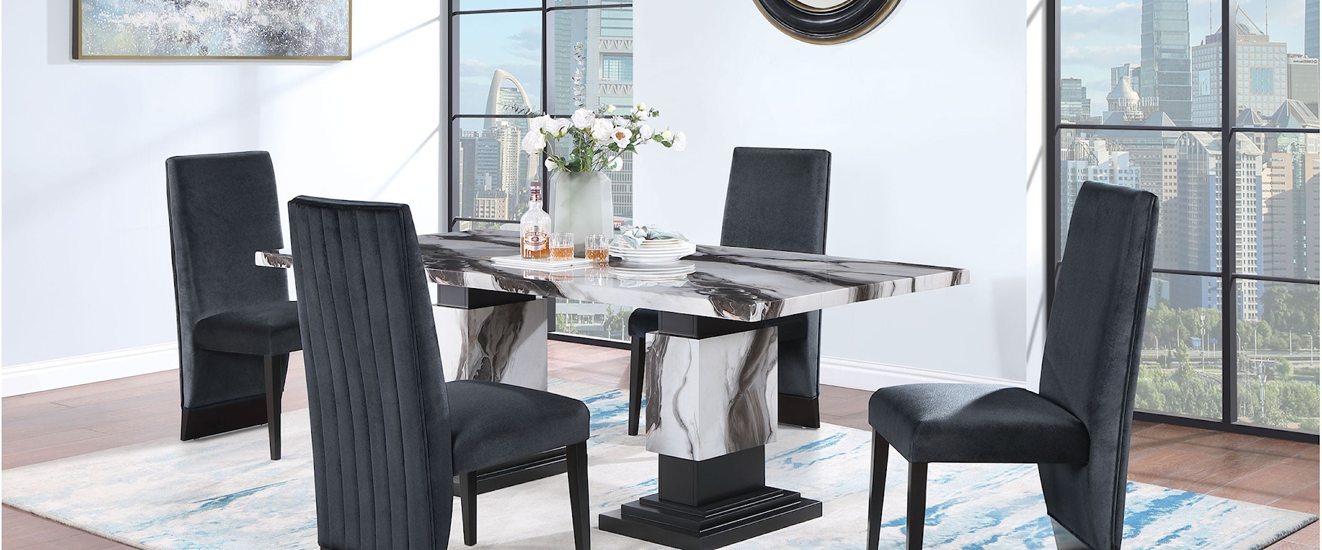 PANDA FAUX MARBLE WHITE AND BLACK 7 | PIECE DINING SET