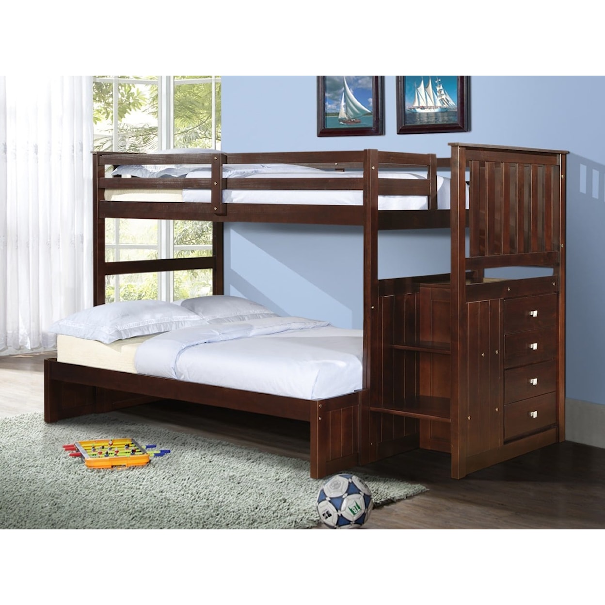 Donco Trading Co Bunkbeds ARCHIE CAPPUCCINO TWIN/FULL | STAIRWAY BUNKB