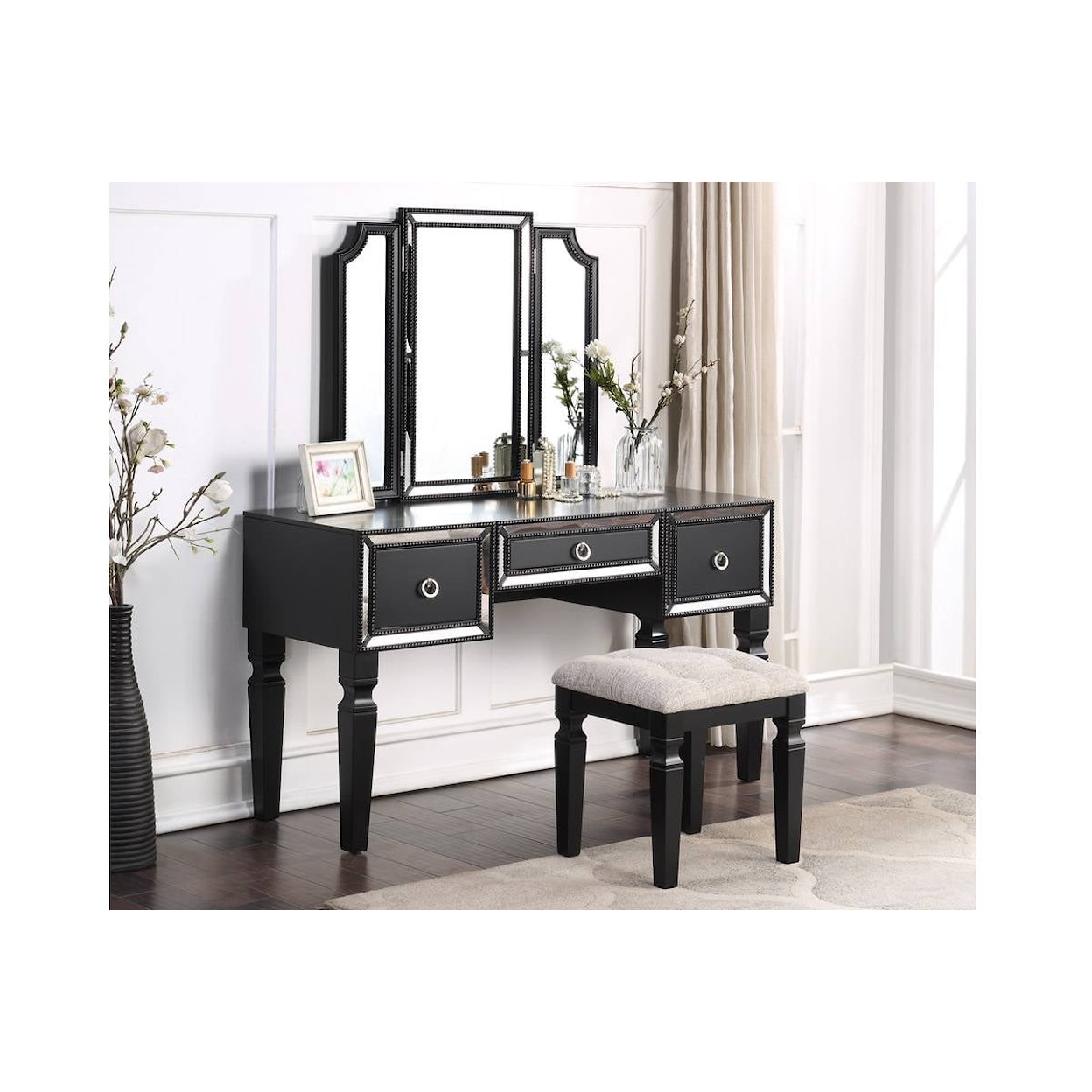 Poundex Vanities BLACK MIRRORED VANITY AND STOOL |