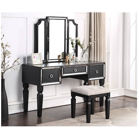 BLACK MIRRORED VANITY AND STOOL |