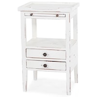 Distressed White Harvest Finish 2 Drawer End Table with Pull Out Shelf