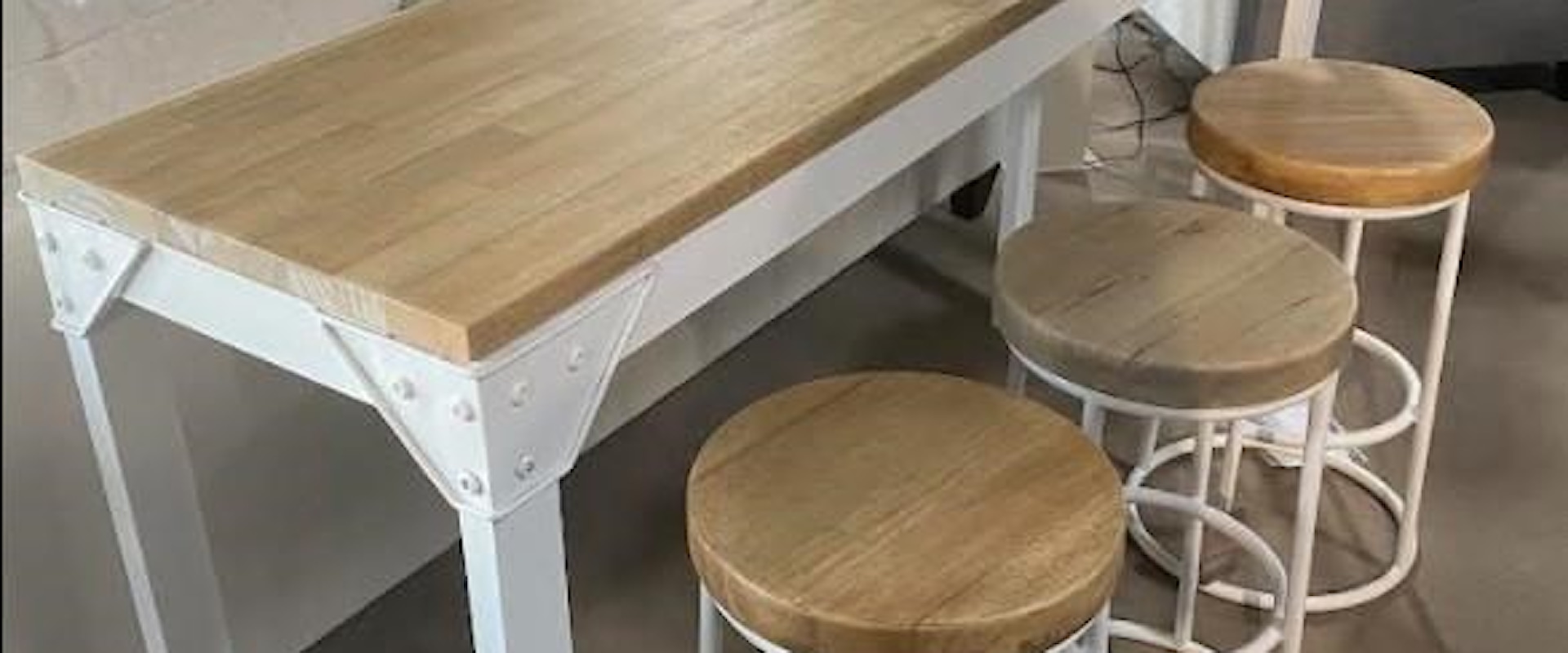 Two-Tone Counter Height Table with 3 Indigo Backless Counter Stools Finished in Smooth White and Rubber Natural
