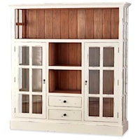 Kitchen Cupboard with Open Storage, Glass Doors and Drawers Finished in White Harvest and Driftwood