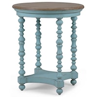 Round End Table with Spool Legs and Shelf Finished in Mist Blue/Straw Wash