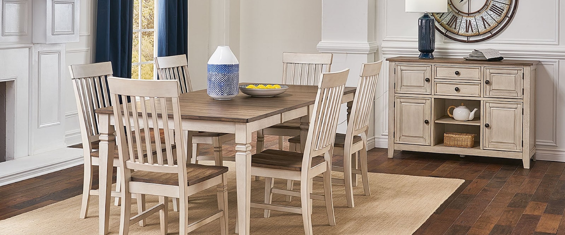 Two-Tone Rectangular Dining Table with 6 Wood Seat Side Chairs