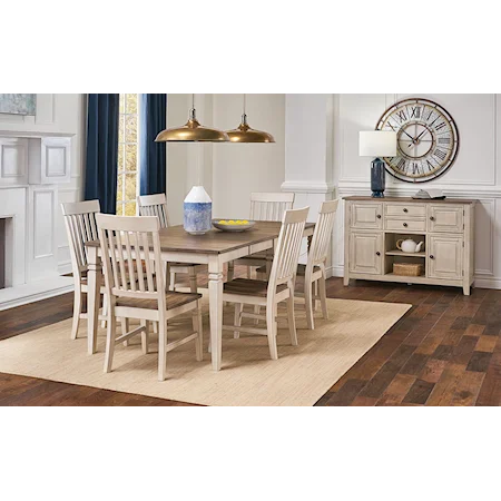 Two-Tone Rectangular Dining Table with 6 Wood Seat Side Chairs