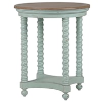 Round Side Table with Spindle Legs and 1 Shelf Finished in Sage/Straw Wash