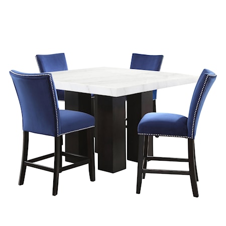 Square 5-Pc Counter Ht Dining Set Blue Chair