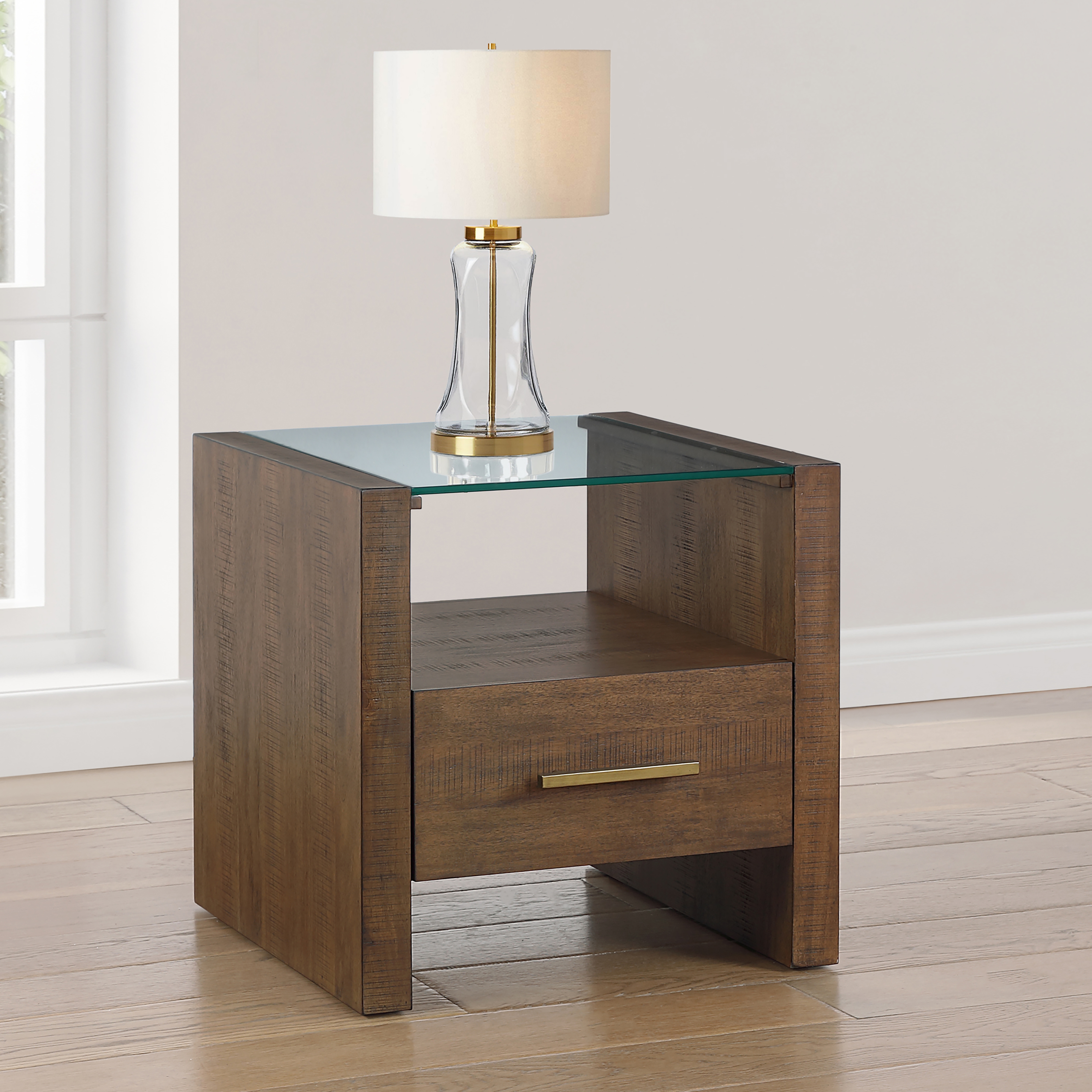 Steve Silver Garland Glass-Top Sq. End Table w/Open Shelf