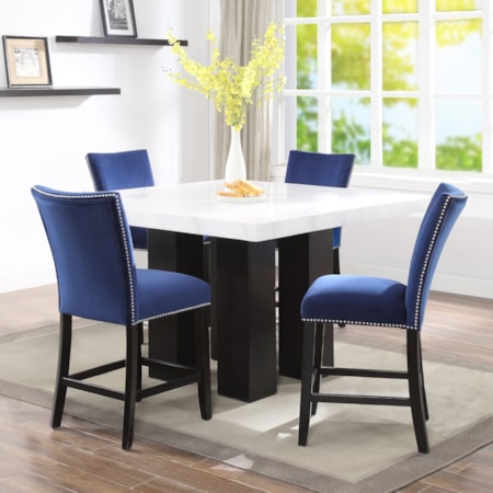 Square 5-Pc Counter Ht Dining Set Blue Chair