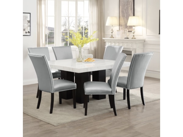 Square 7-Piece Dining Set w/ Silver Chairs