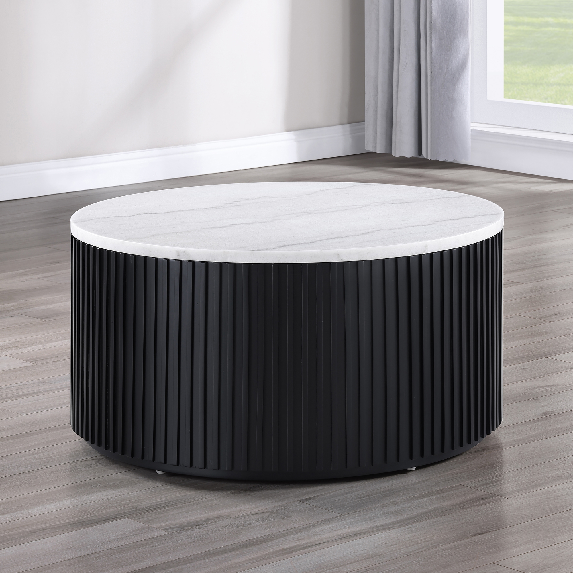 36″ Round Castered White Marble Coffee Table