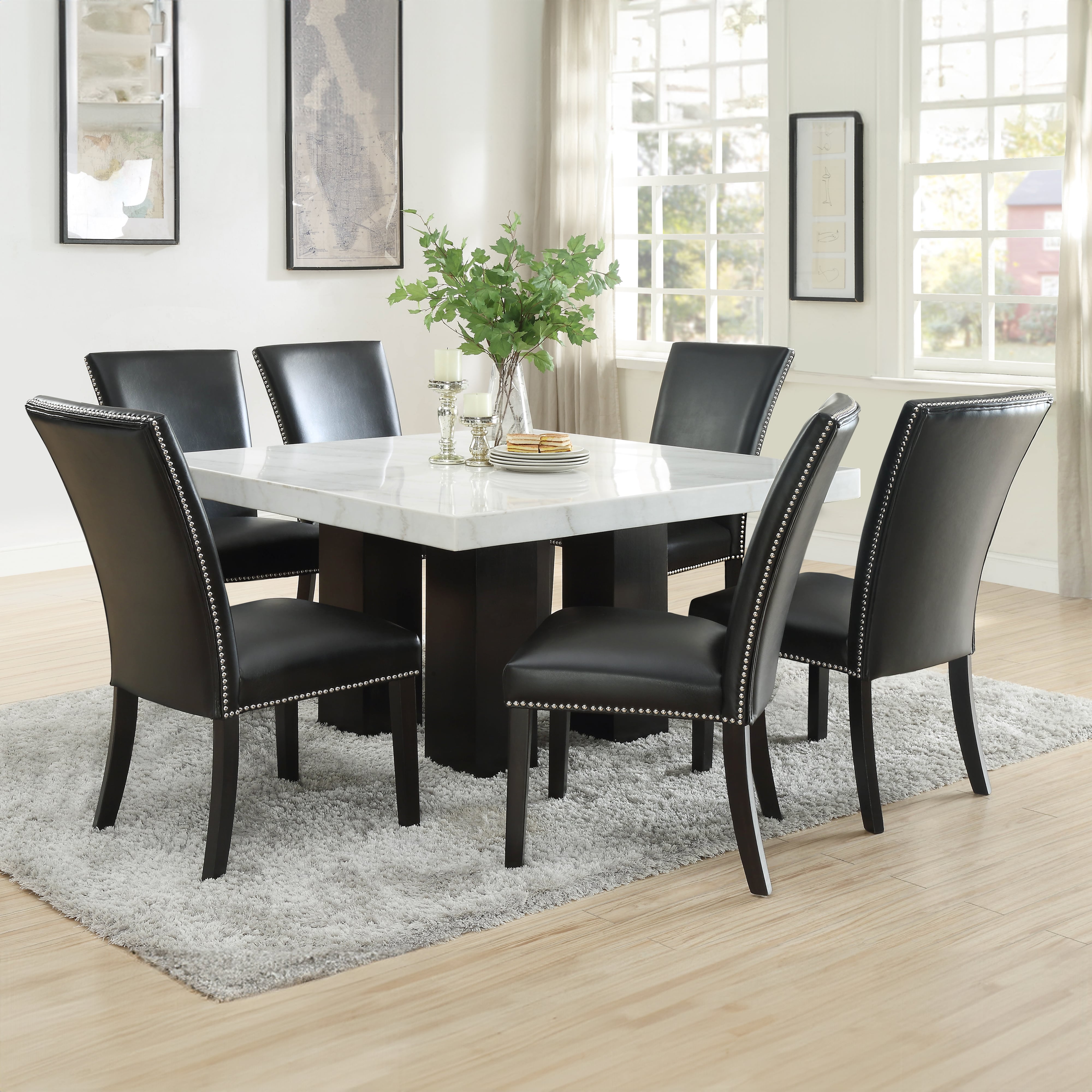 Square 7-Piece Dining Set with Black Chairs
