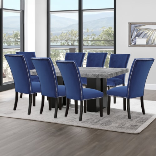 Contemporary 9-Piece Rectangle Dining Set with Blue Chairs