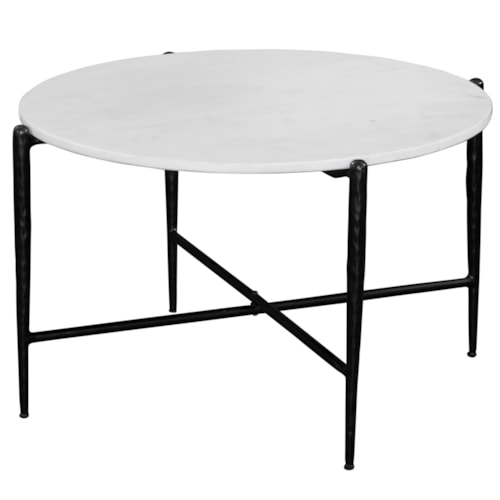Contemporary 30" Round White Marble-Top Cocktail Table with X-Trestle