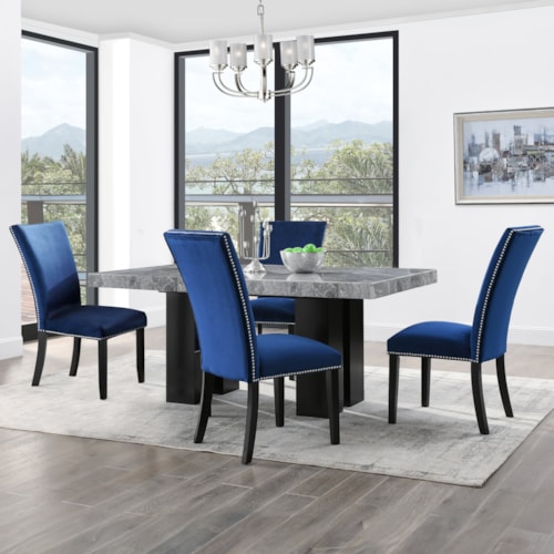 Contemporary Rectangular Gray Marble Dining Table with Blue Chairs