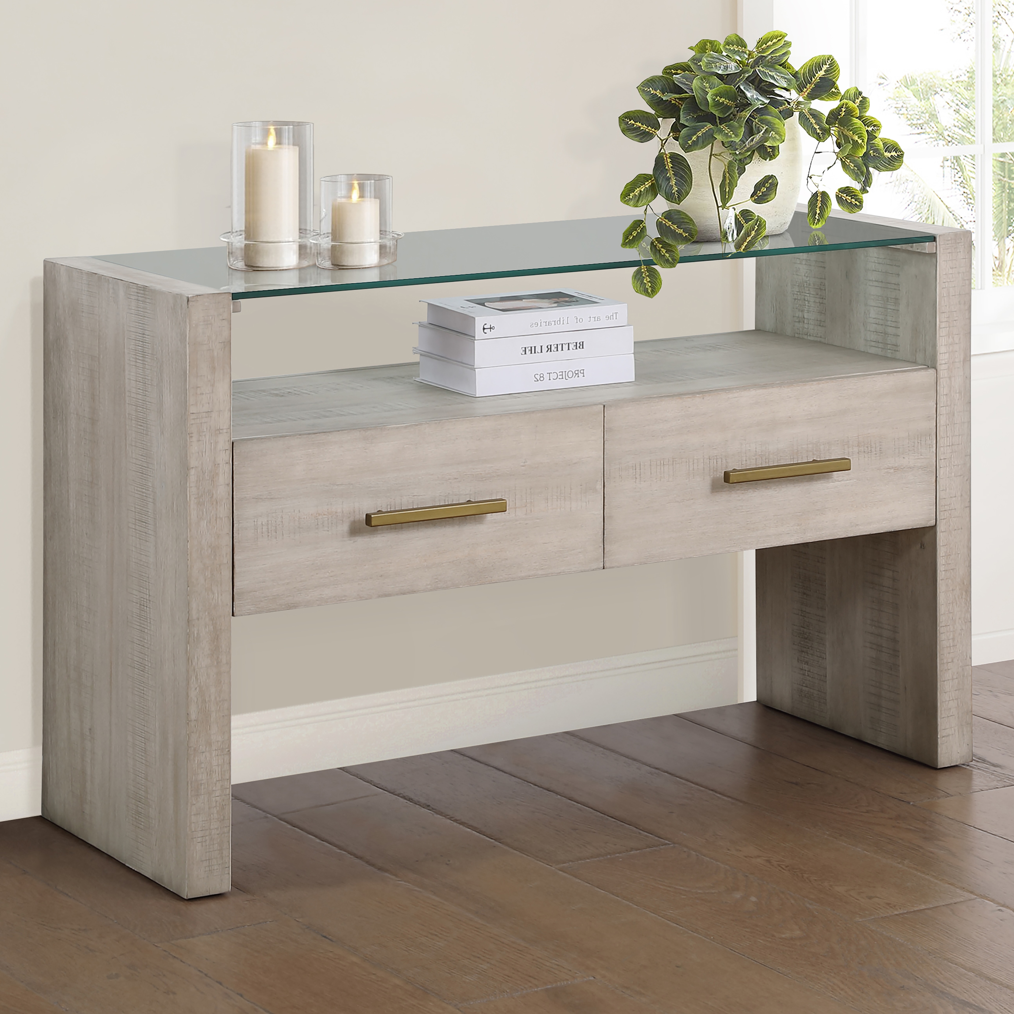 Modern Rustic Glass-Top Sofa Table