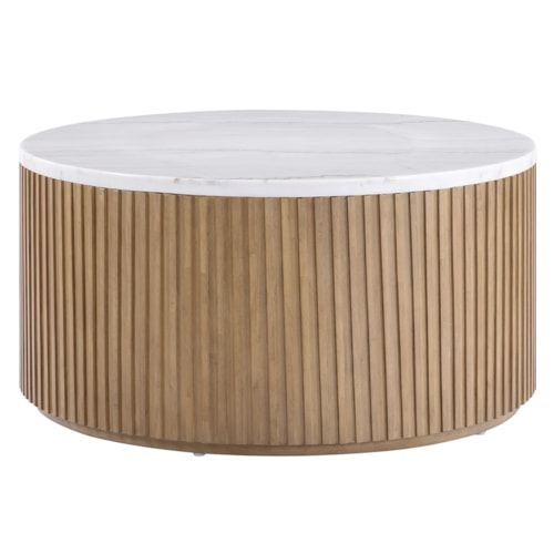 Contemporary 36" Rd. Marble-Top Cocktail Table w/Reeded Base