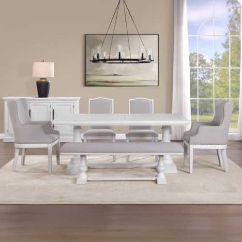 Transitional 6-Piece Dining Set with Bench and Arm Chairs
