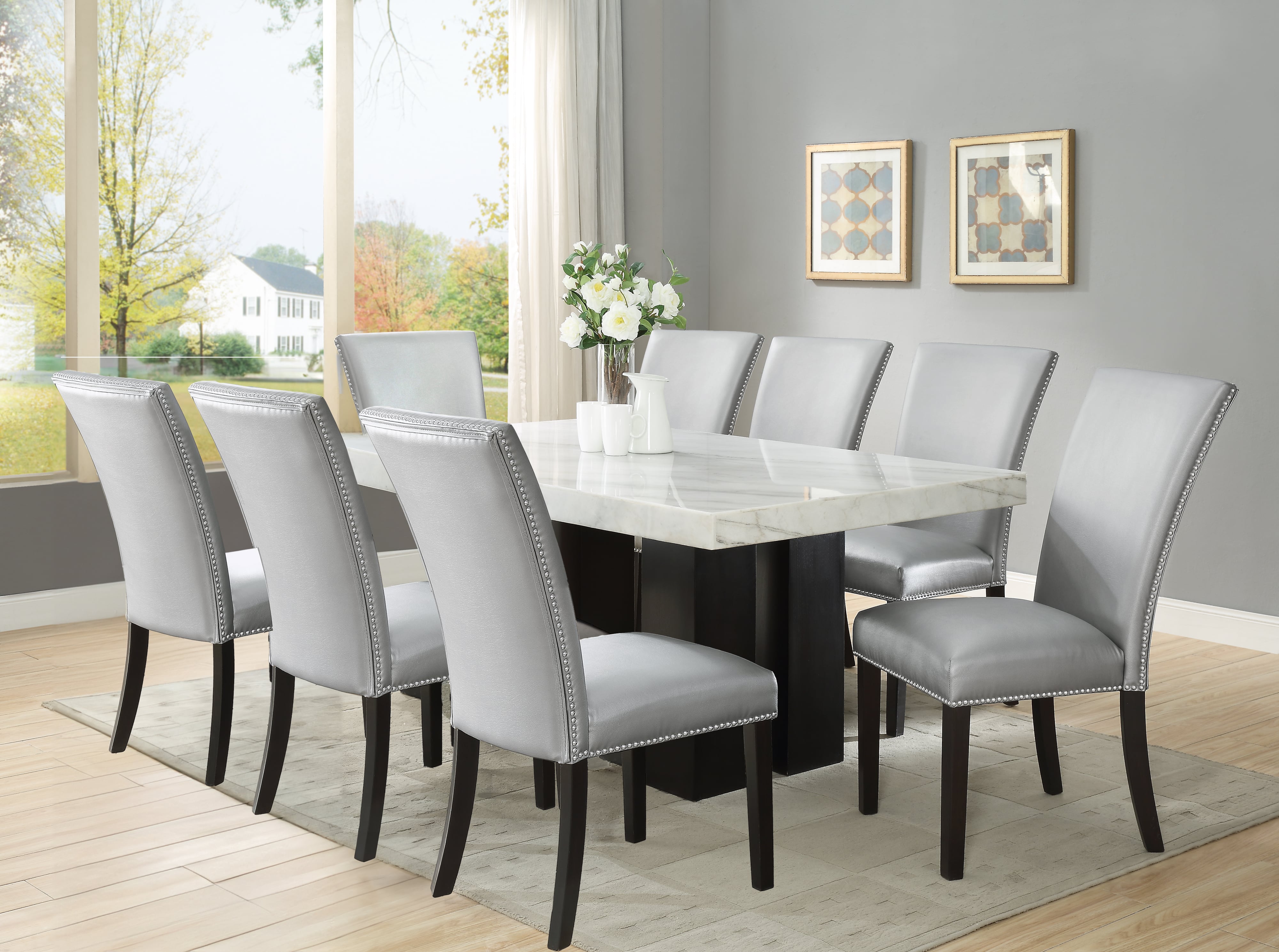 9-Piece Rectangle Dining Set w/Silver Chairs