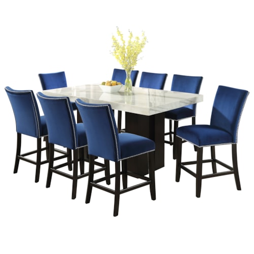 Contemporary 9-Piece Rectangle Counter Table w/Blue Chairs
