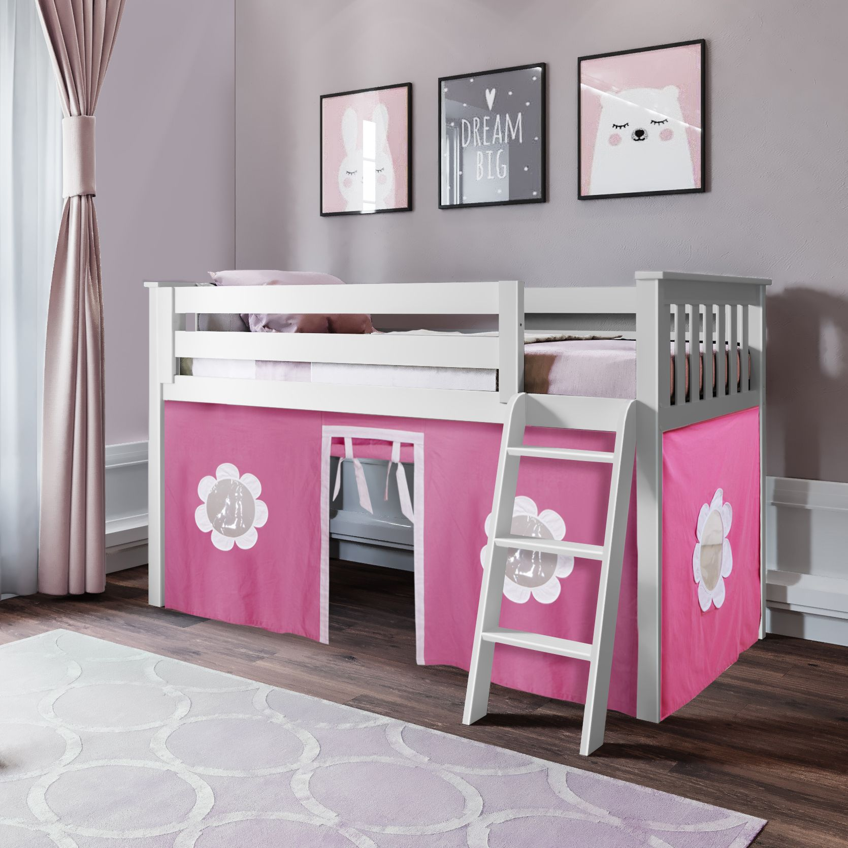 Youth Twin Play Loft Bed w/Pink Curtains