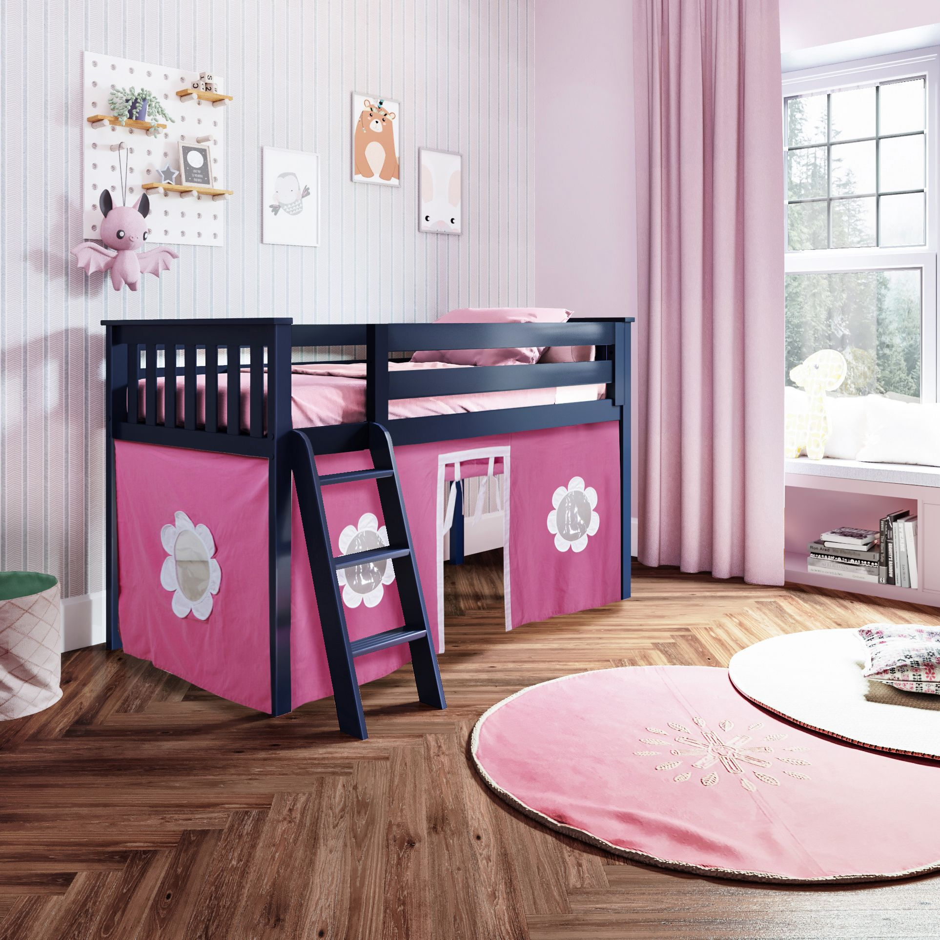 Youth Twin Play Loft Bed w/Pink Curtains