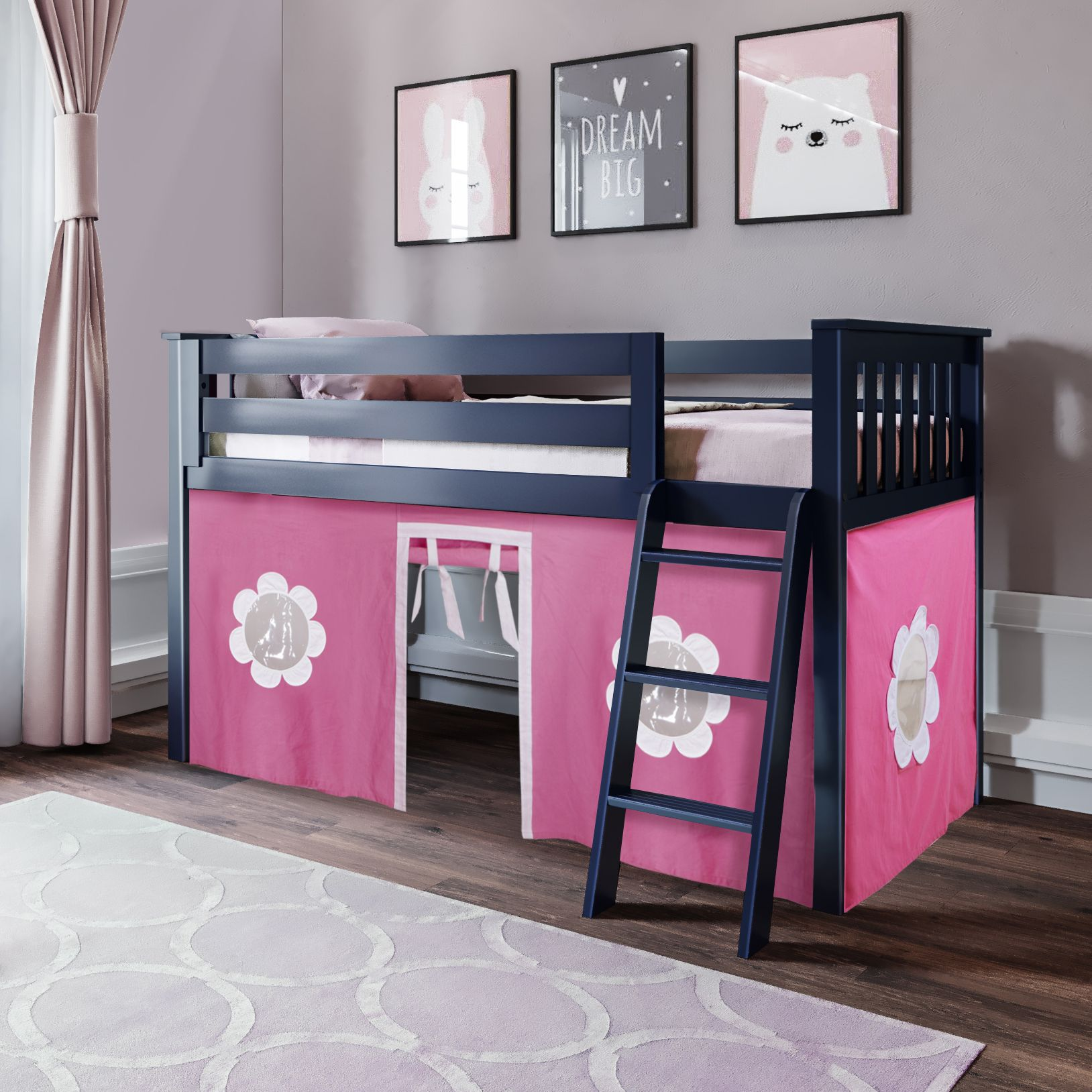 Youth Twin Play Loft Bed w/Pink Curtains