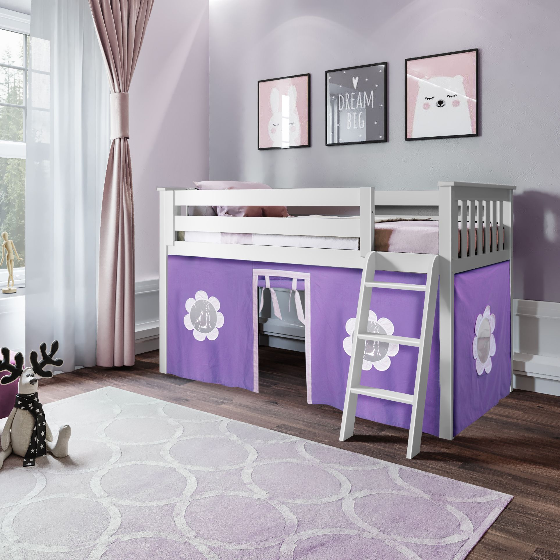 Youth Twin Play Loft Bed w/Purple Curtains