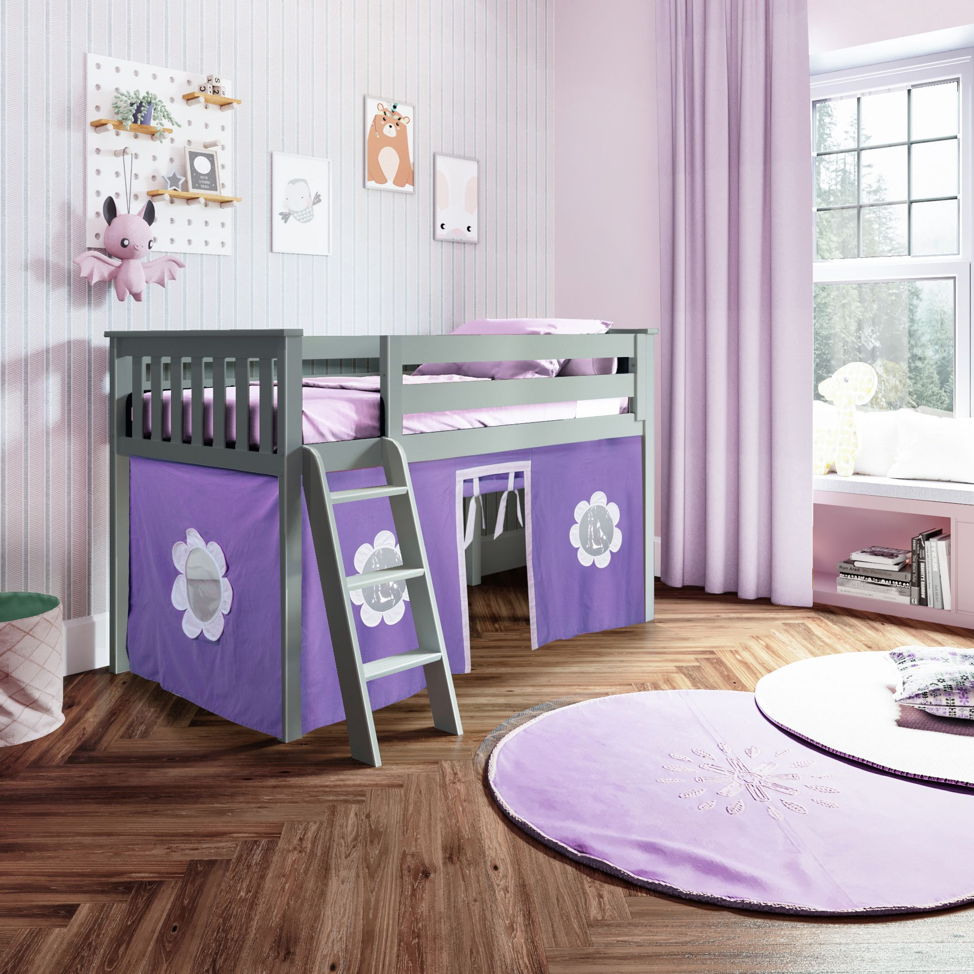 Youth Twin Play Loft Bed w/Purple Curtains