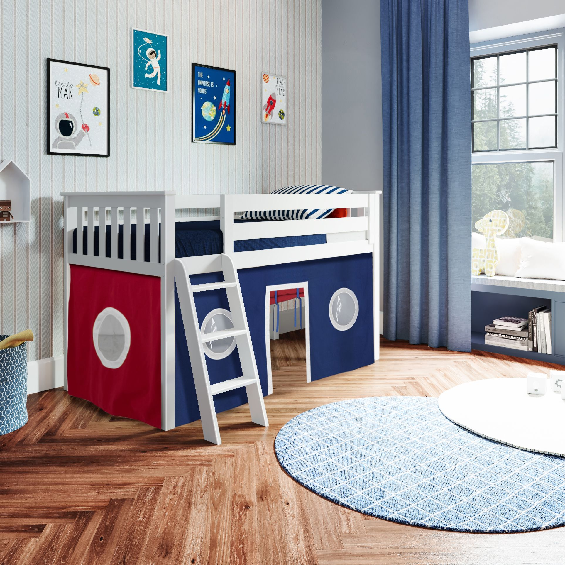 Youth Twin Play Loft Bed w/Red/Blue Curtains