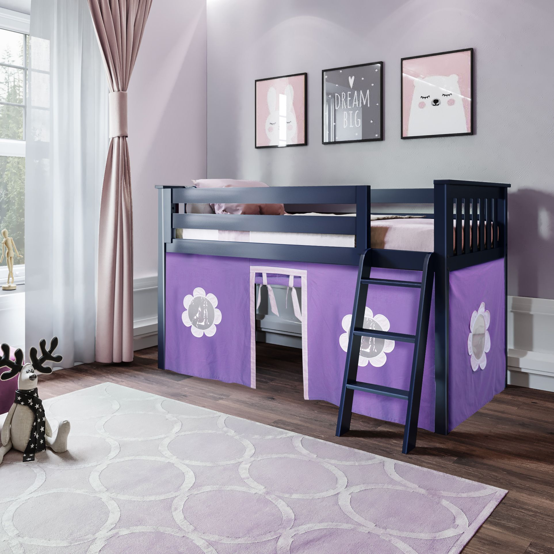 Youth Twin Play Loft Bed w/Purple Curtains
