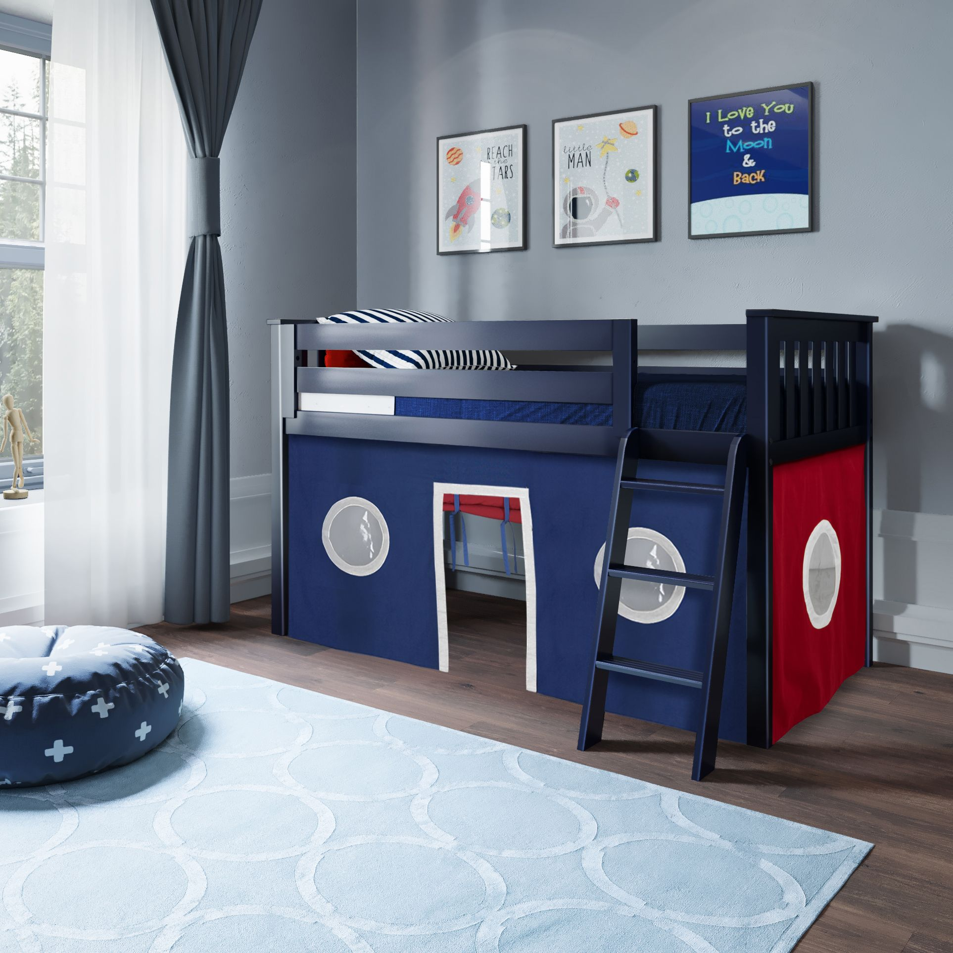 Youth Twin Play Loft Bed w/Red/Blue Curtains