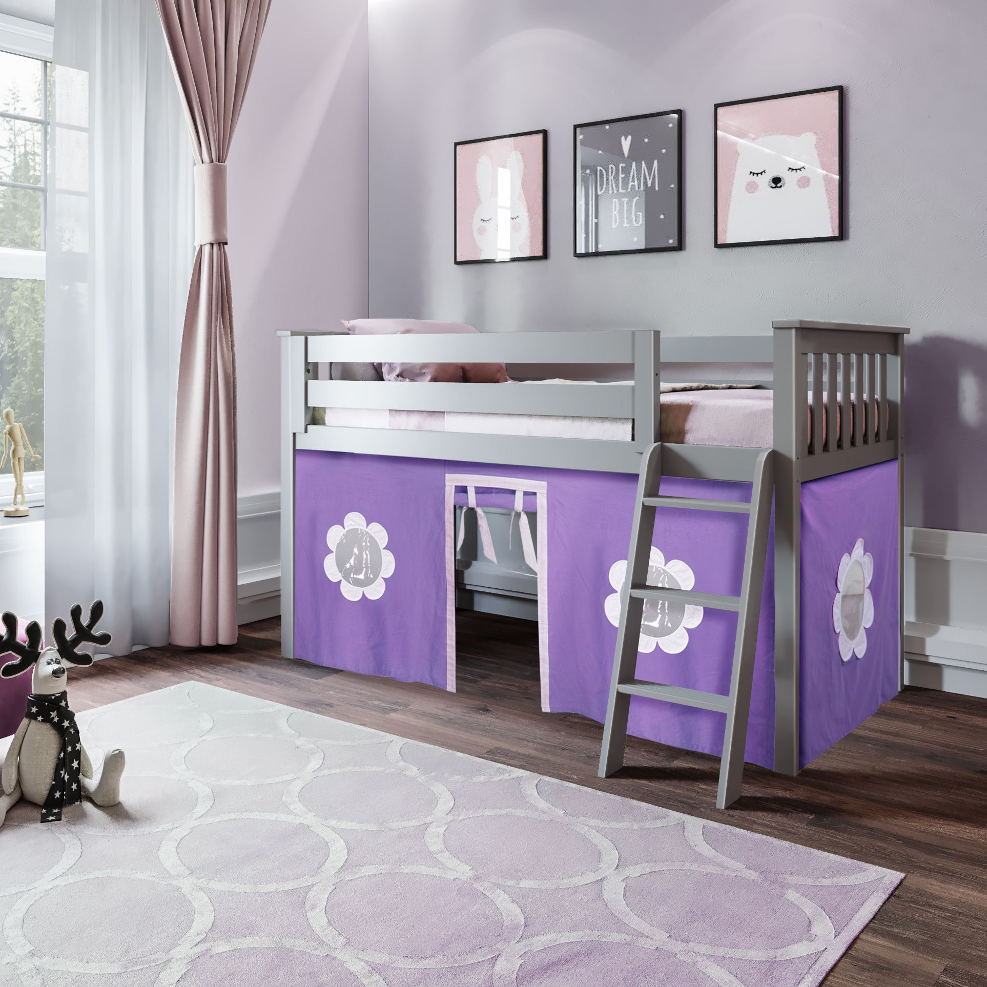 Youth Twin Play Loft Bed w/Purple Curtains