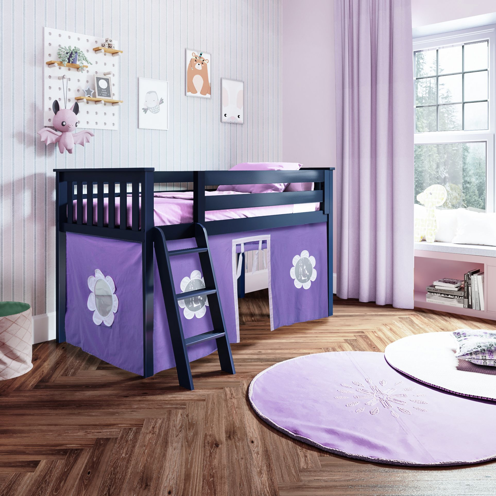 Youth Twin Play Loft Bed w/Purple Curtains