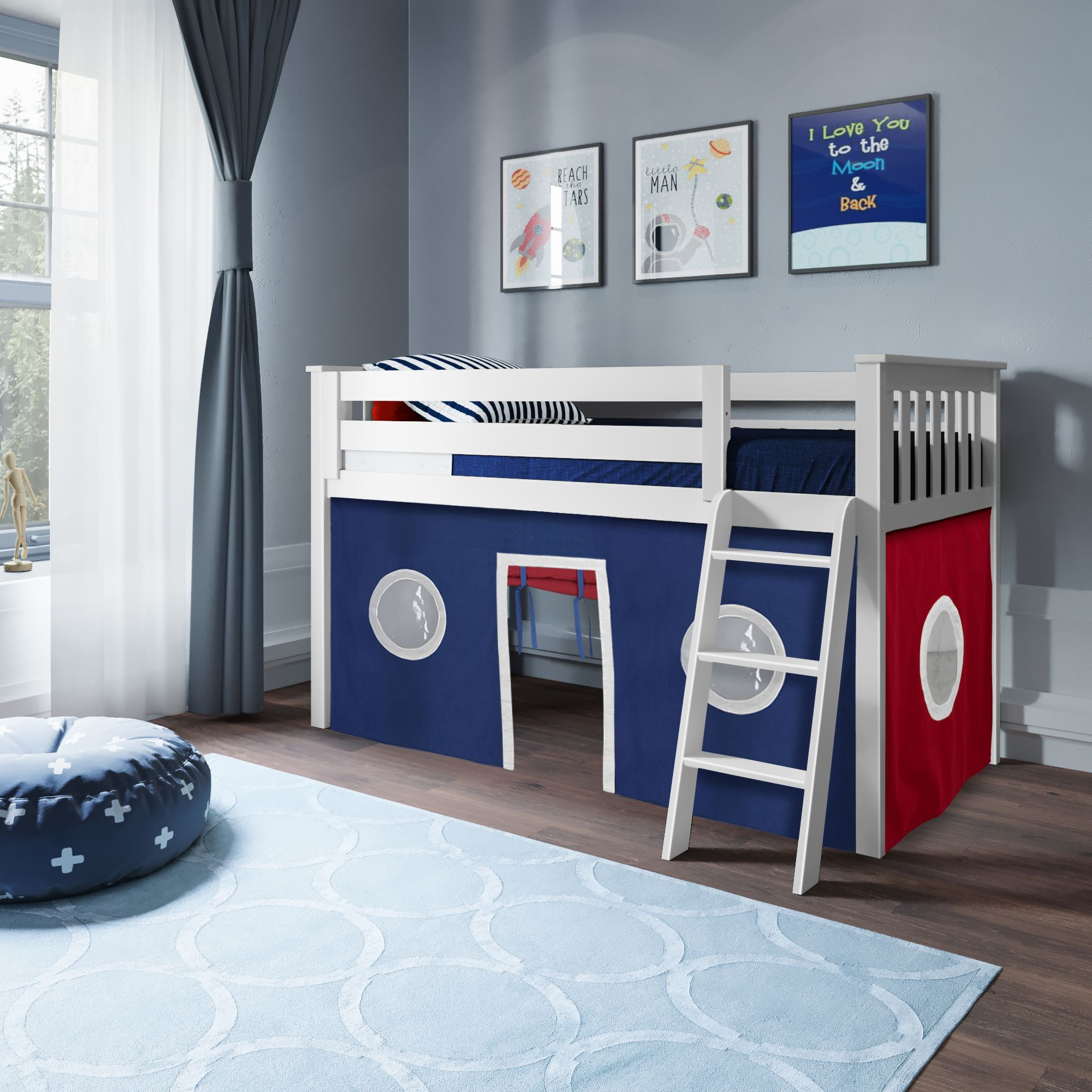 Youth Twin Play Loft Bed w/Red/Blue Curtains