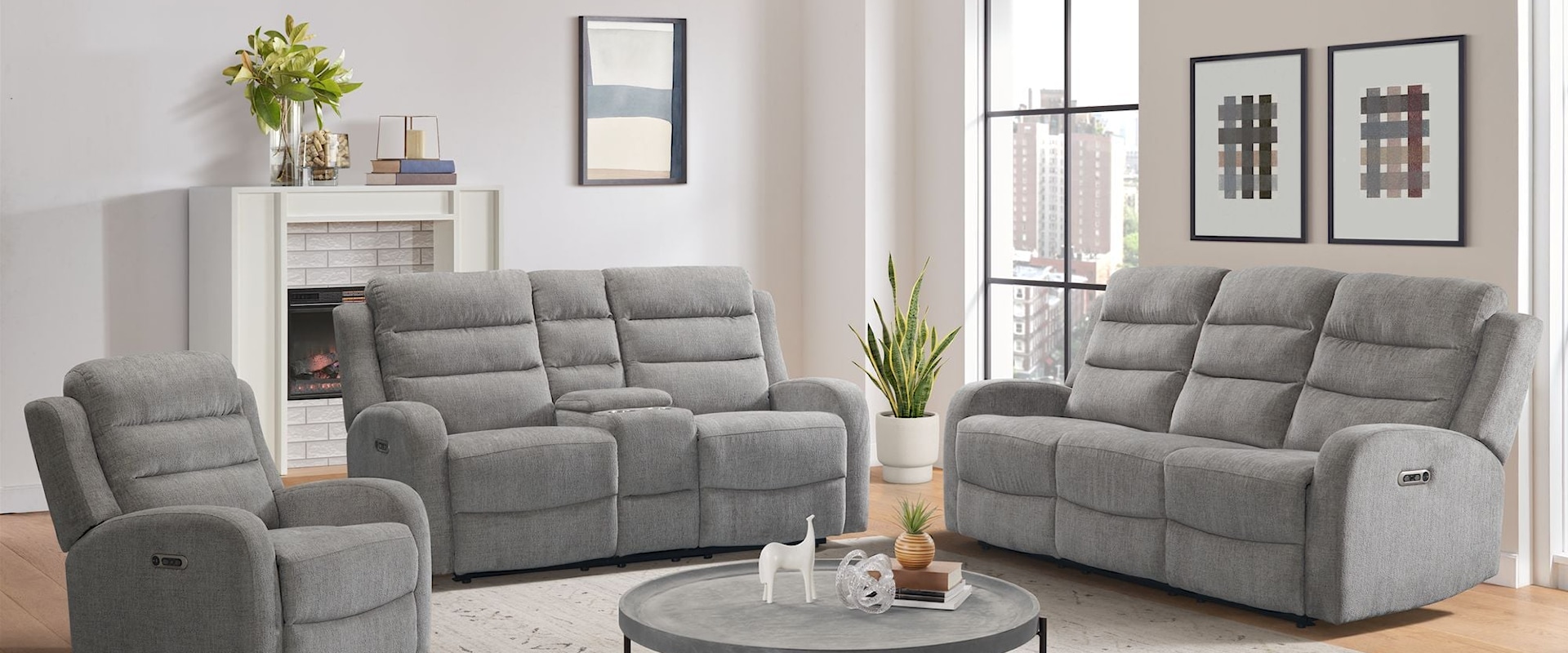 Avanti 3PC Living Room Set in Whiskers Nature Grey-Sofa, Loveseat & Recliner