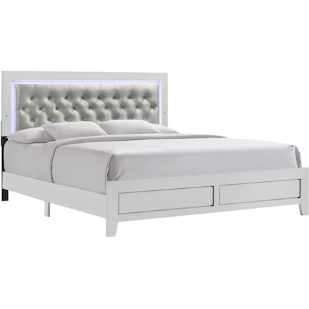 Glam King Bed with Upholstered Headboard and LED Lights