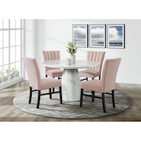 Contemporary 5-Piece Round Dining Set with Pink Velvet Side Chairs