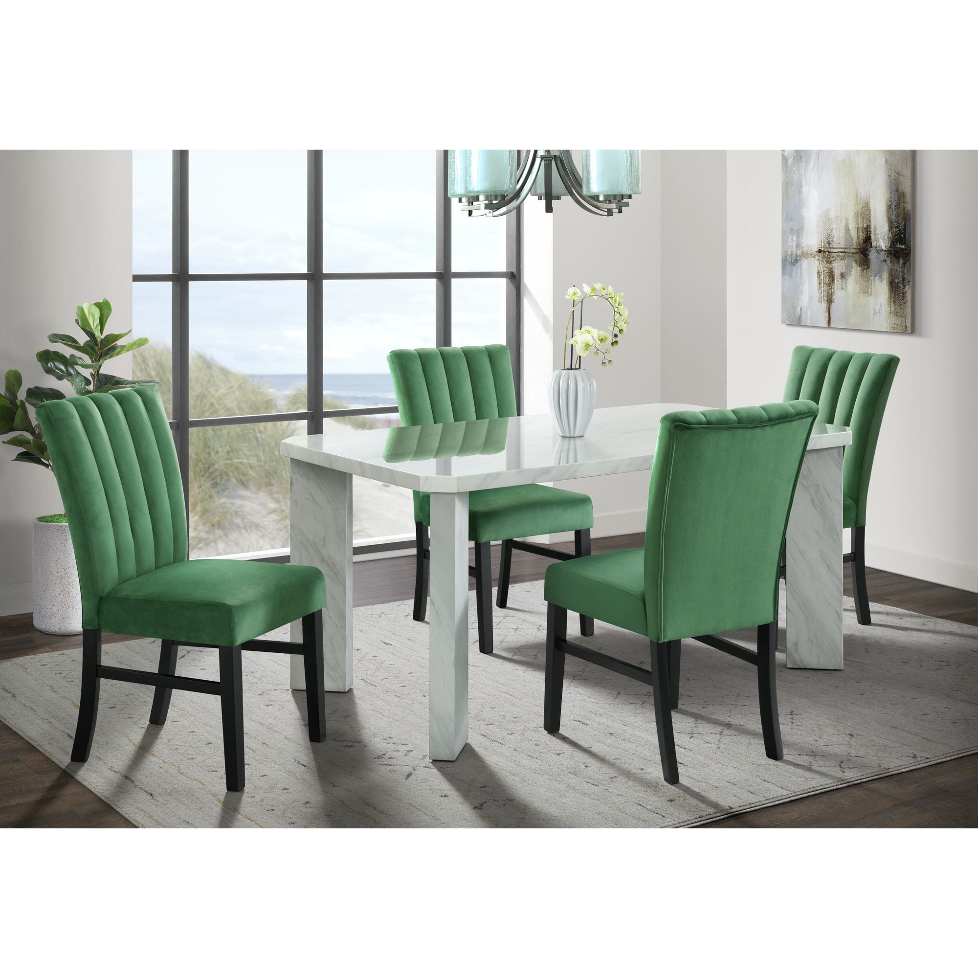 Contemporary 5-Piece Rectangular Dining Set with Emerald Velvet Side Chairs