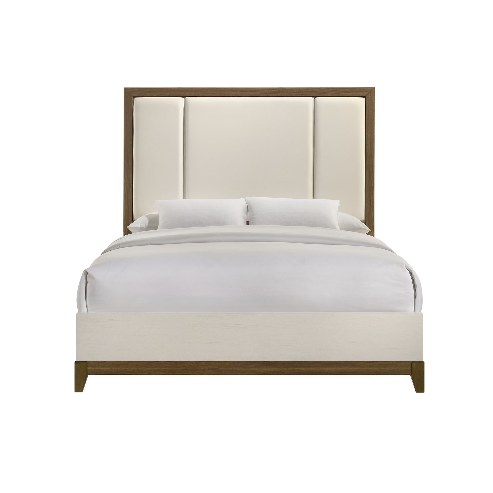 Queen Bed With White Pu In Ivory And Walnut