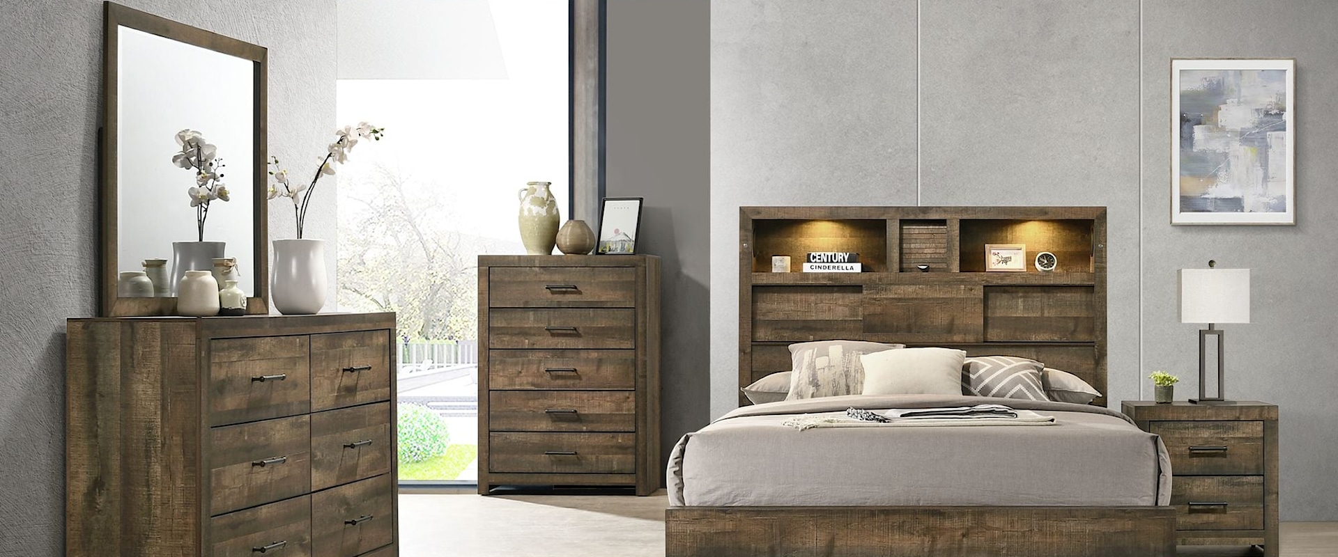 Contemporary 4-Piece Queen Bookcase Bedroom Set with Bluetooth