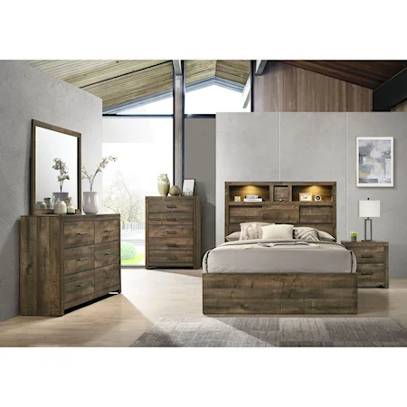 Contemporary 4-Piece Queen Bookcase Bedroom Set with Bluetooth