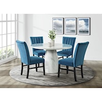 Contemporary 5-Piece Round Dining Set with Navy Blue Velvet Side Chairs