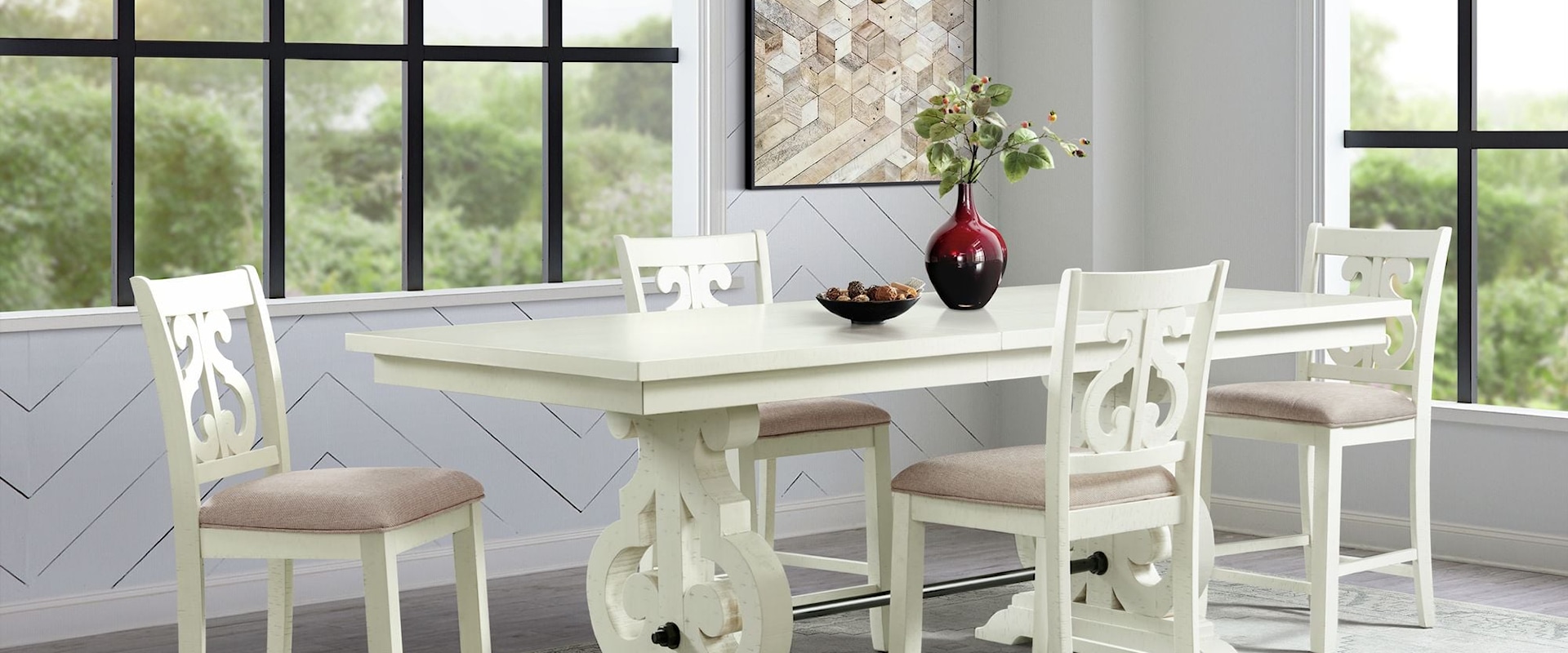Stone 5Pc Counter Height Dining Set In White -Table & Four Swirl Back Chairs