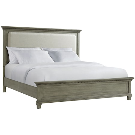 Transitional King Panel Bed with Upholstered Headboard