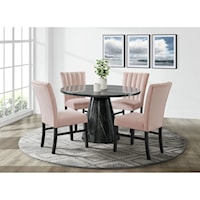 Contemporary 5-Piece Round Dining Set with Pink Velvet Side Chairs