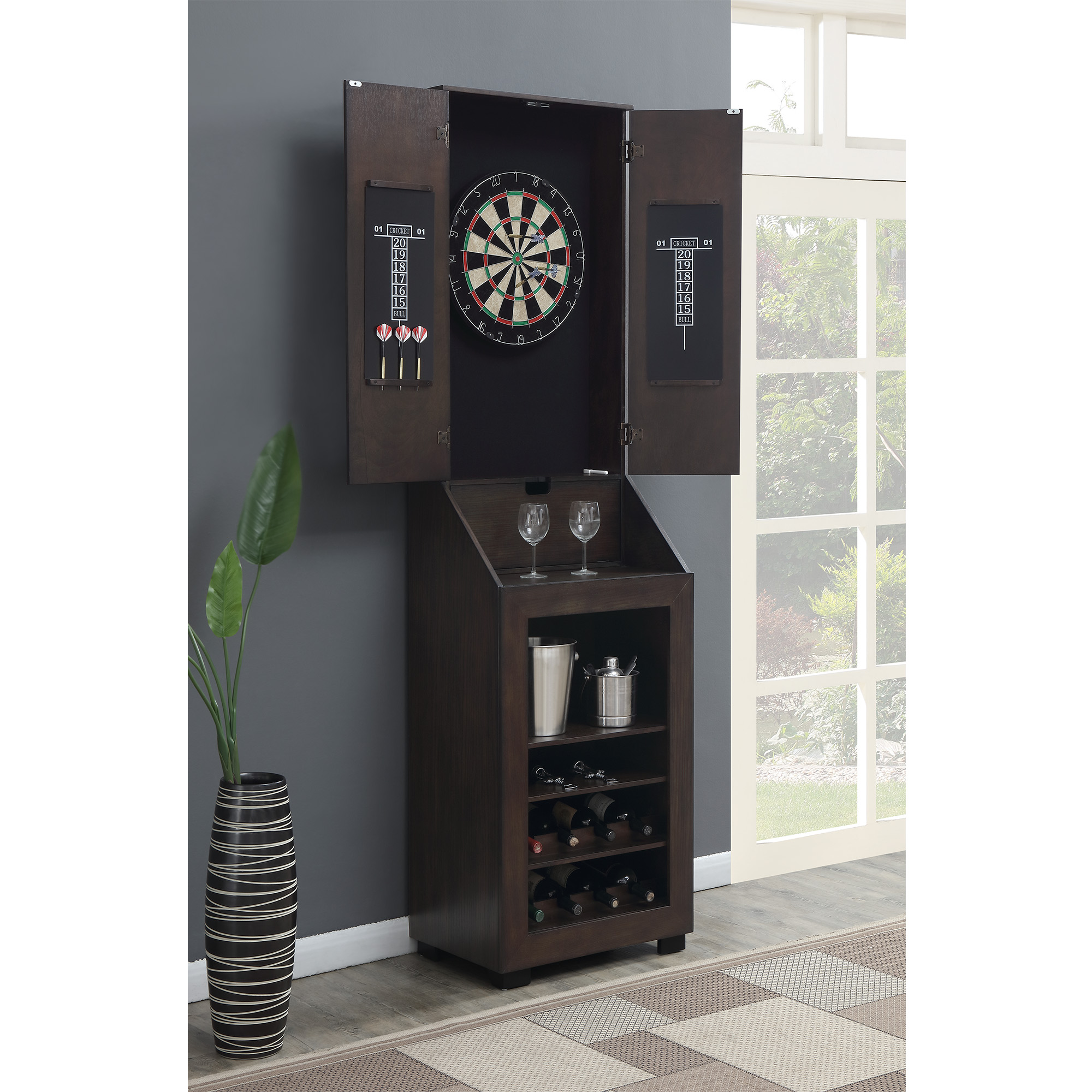 Elements International Bone Dartboard Cabinet with Dartboard