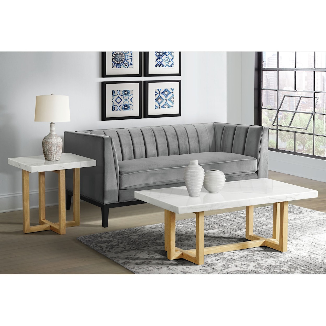 Elements International Morris Natural Natural Coffee Table with White Marble Top