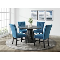 Contemporary 5-Piece Round Dining Set with Navy Blue Velvet Side Chairs